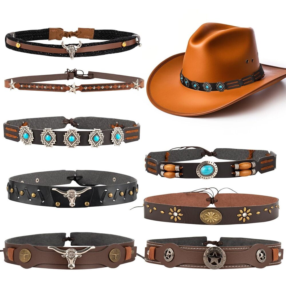 4937 8 Pcs Cowboy Hat Bands & Western PU Leather Cowgirl Hats Belt, Ethnic